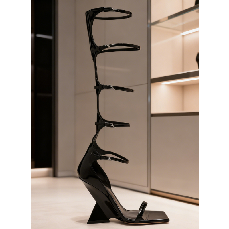 Women Shoes Zipper - Siyah Çok Askılı Tokalı Dolgu Topuklu