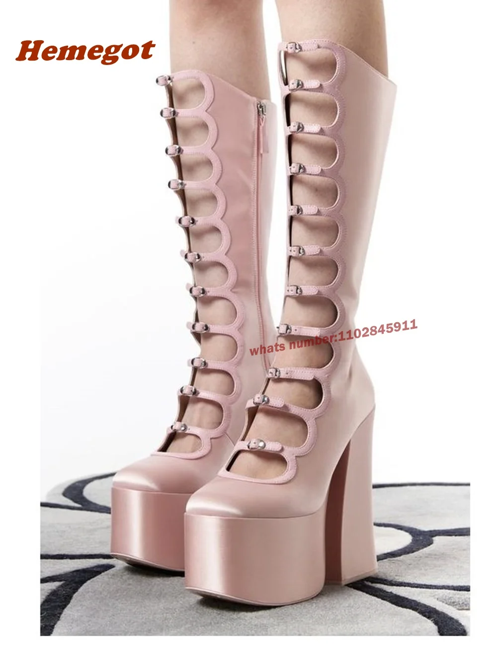 Women Shoes Zipper - Pembe Kalın Tabanlı Oyuklu Botlar Yan