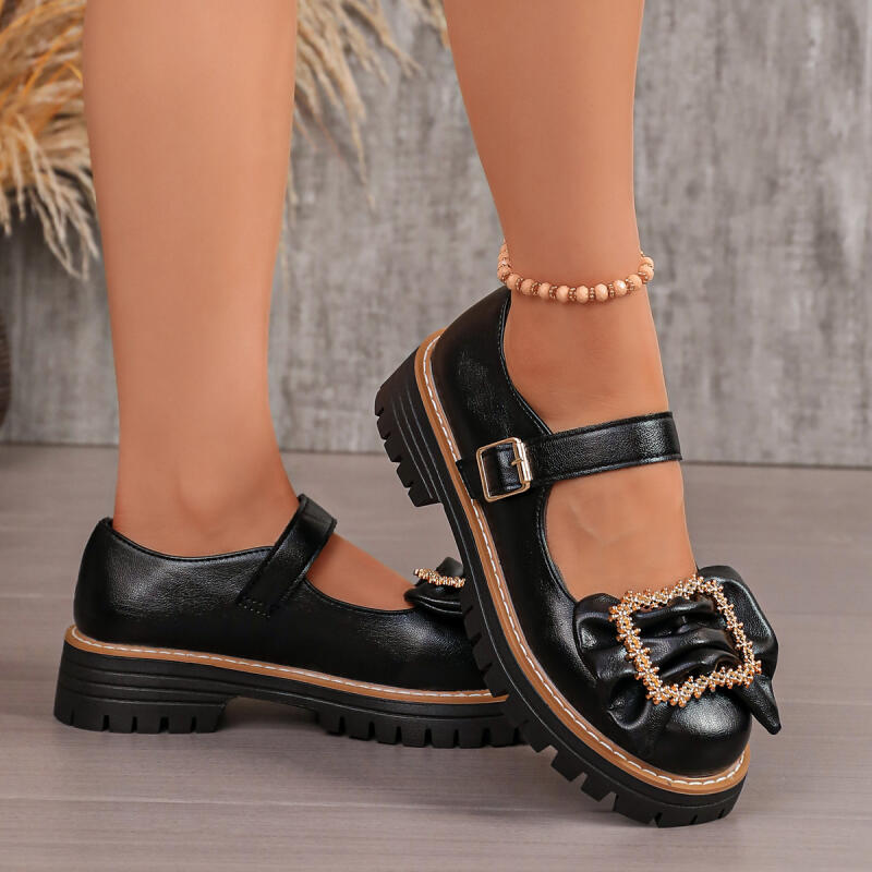 Women'S Shoes Loafers Black - Tatlı Fiyonk Süslemeli Kalın Tabanlı Mary