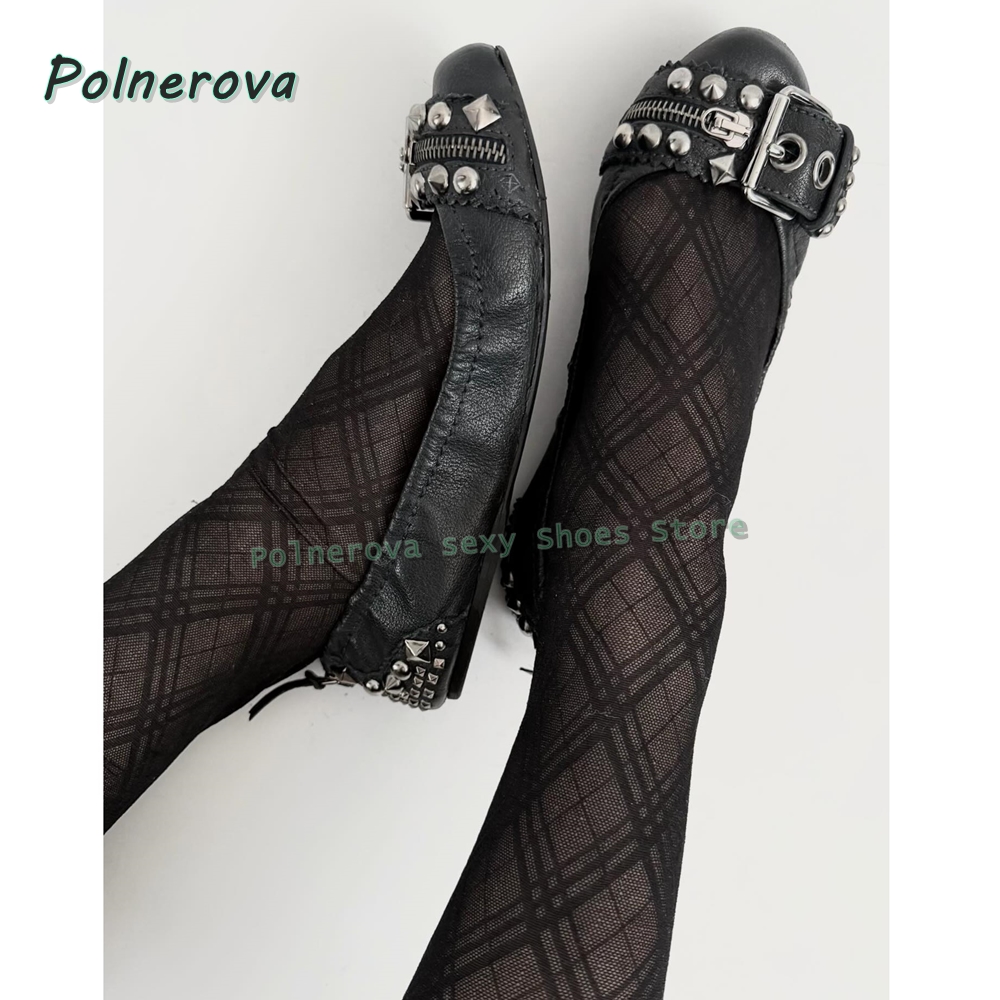 Women Shoes Zipper - Perçinli Tokalı Mary Jane Ayakkabılar Sivri