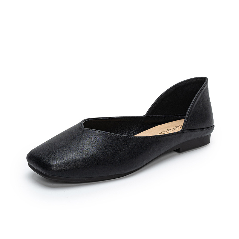 Loafer Flat Women - Kare burunlu deri patchwork düz ayakkabı