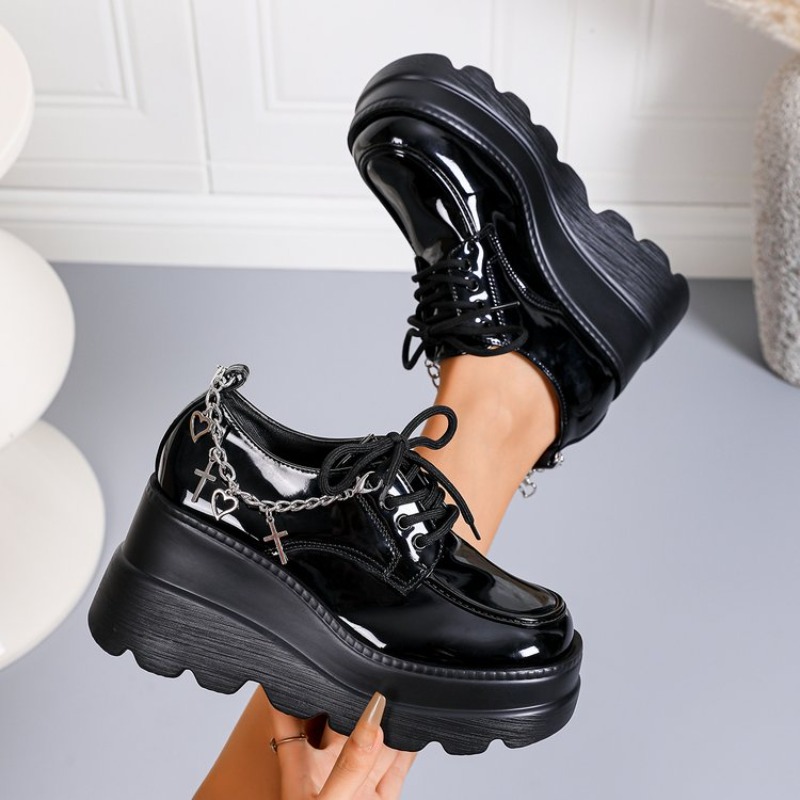 Women'S Shoes Loafers Black - Kadınlar için Siyah Parlak Bağcıklı Platform